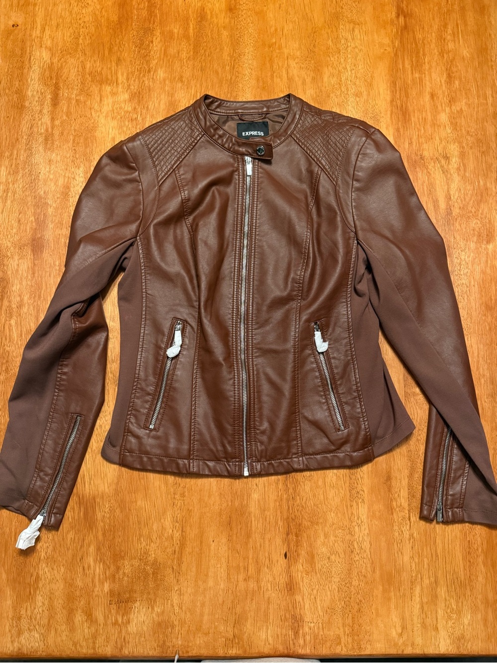 Express Brown Faux Leather Moto Jacket with Quilted Shoulders